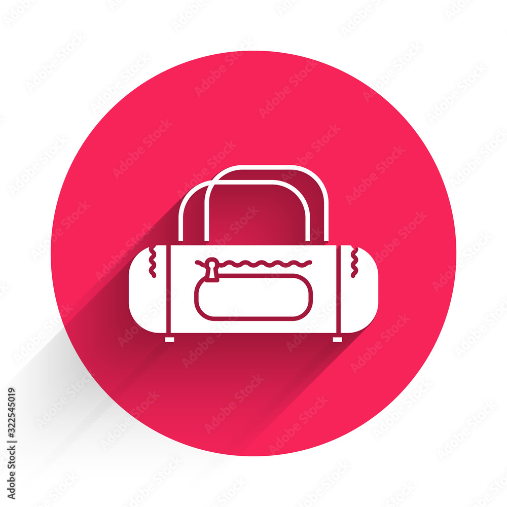 White Sport bag icon isolated with long shadow. Red circle button. Vector Illustration