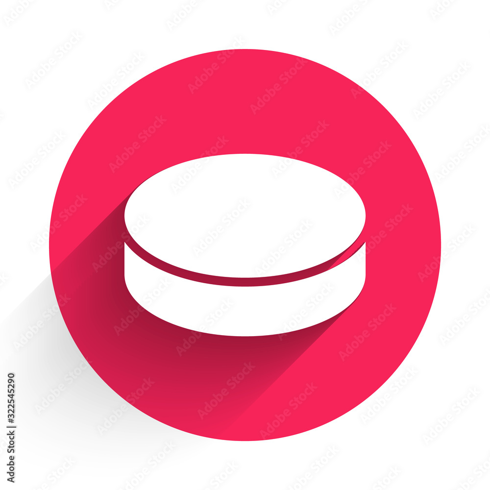 White Hockey puck icon isolated with long shadow. Red circle button. Vector Illustration