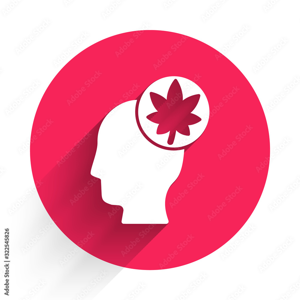 White Human head with leaf icon isolated with long shadow. Red circle button. Vector Illustration