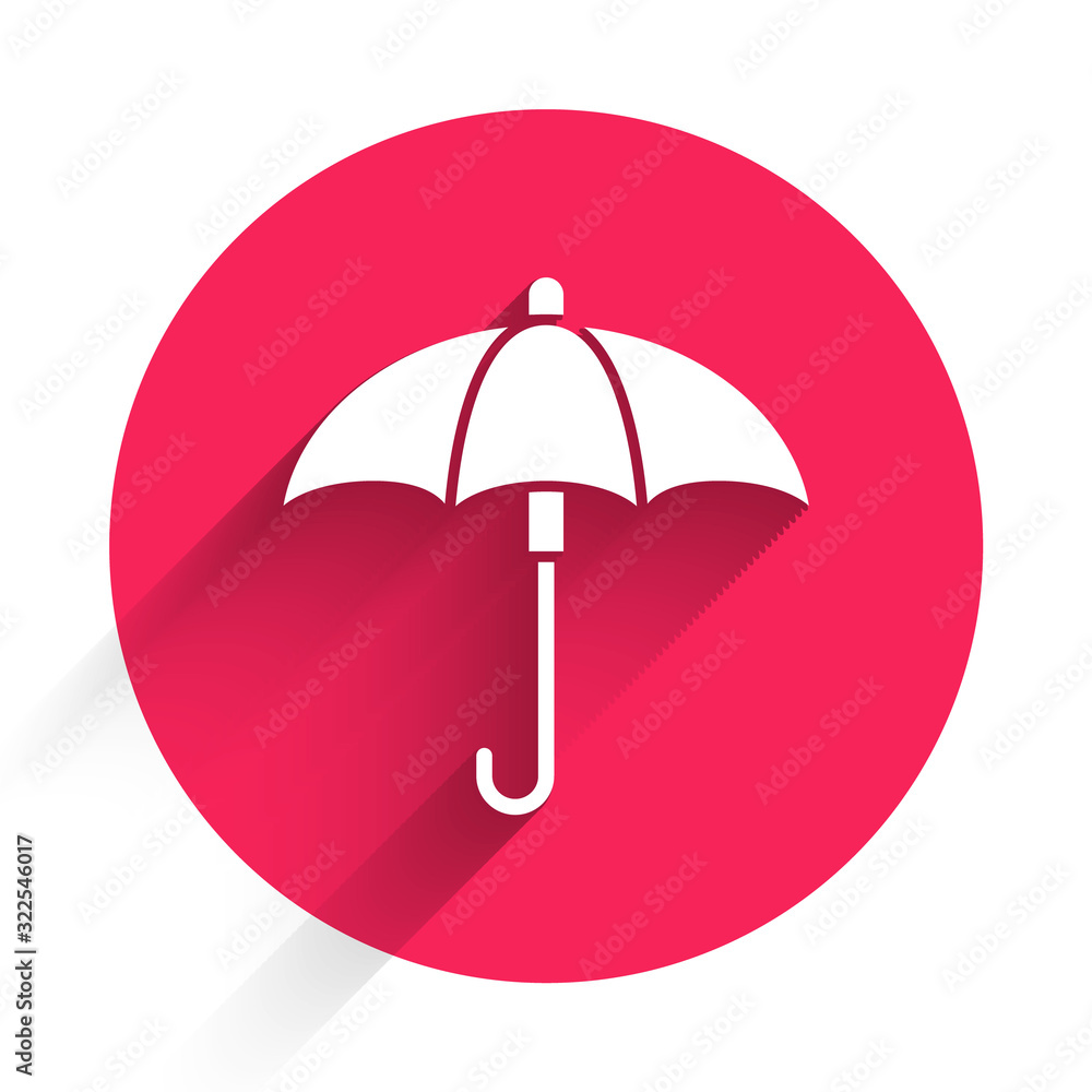 White Classic elegant opened umbrella icon isolated with long shadow. Rain protection symbol. Red ci