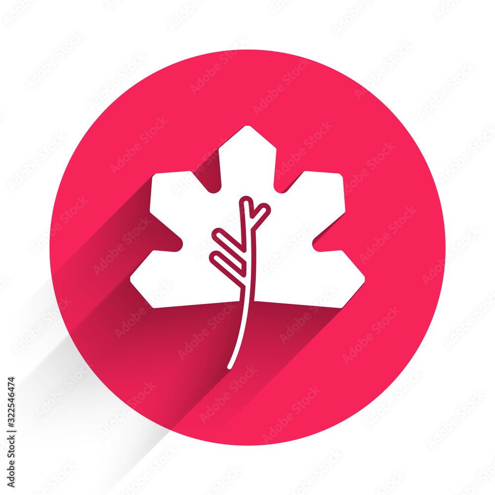 White Leaf icon isolated with long shadow. Leaves sign. Fresh natural product symbol. Red circle but