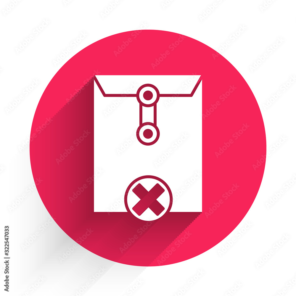 White Delete envelope icon isolated with long shadow. Delete or error letter. Cross on message. Reje