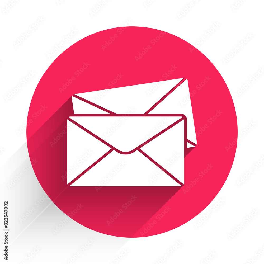 White Envelope icon isolated with long shadow. Email message letter symbol. Red circle button. Vecto