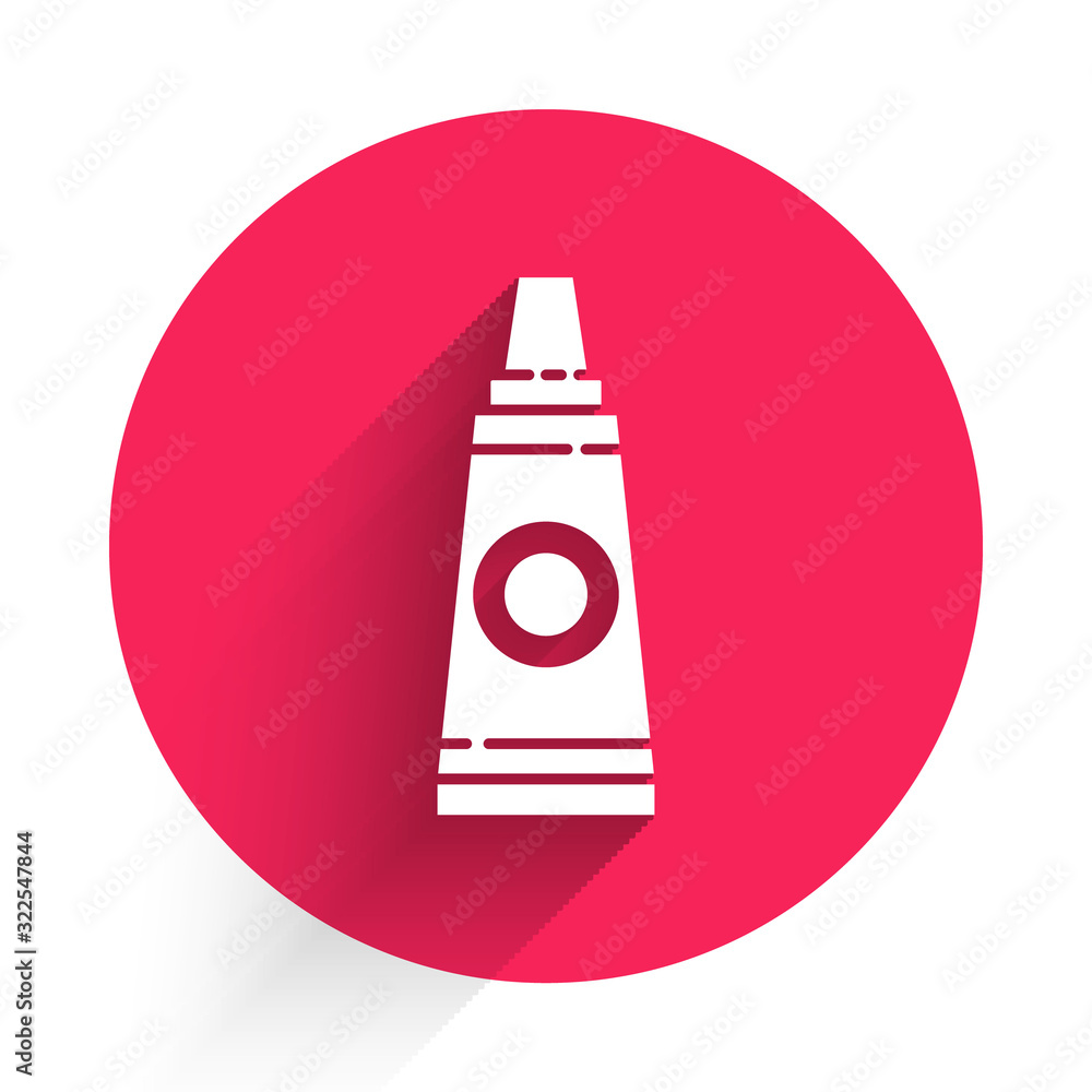 White Tube with paint palette icon isolated with long shadow. Red circle button. Vector Illustration