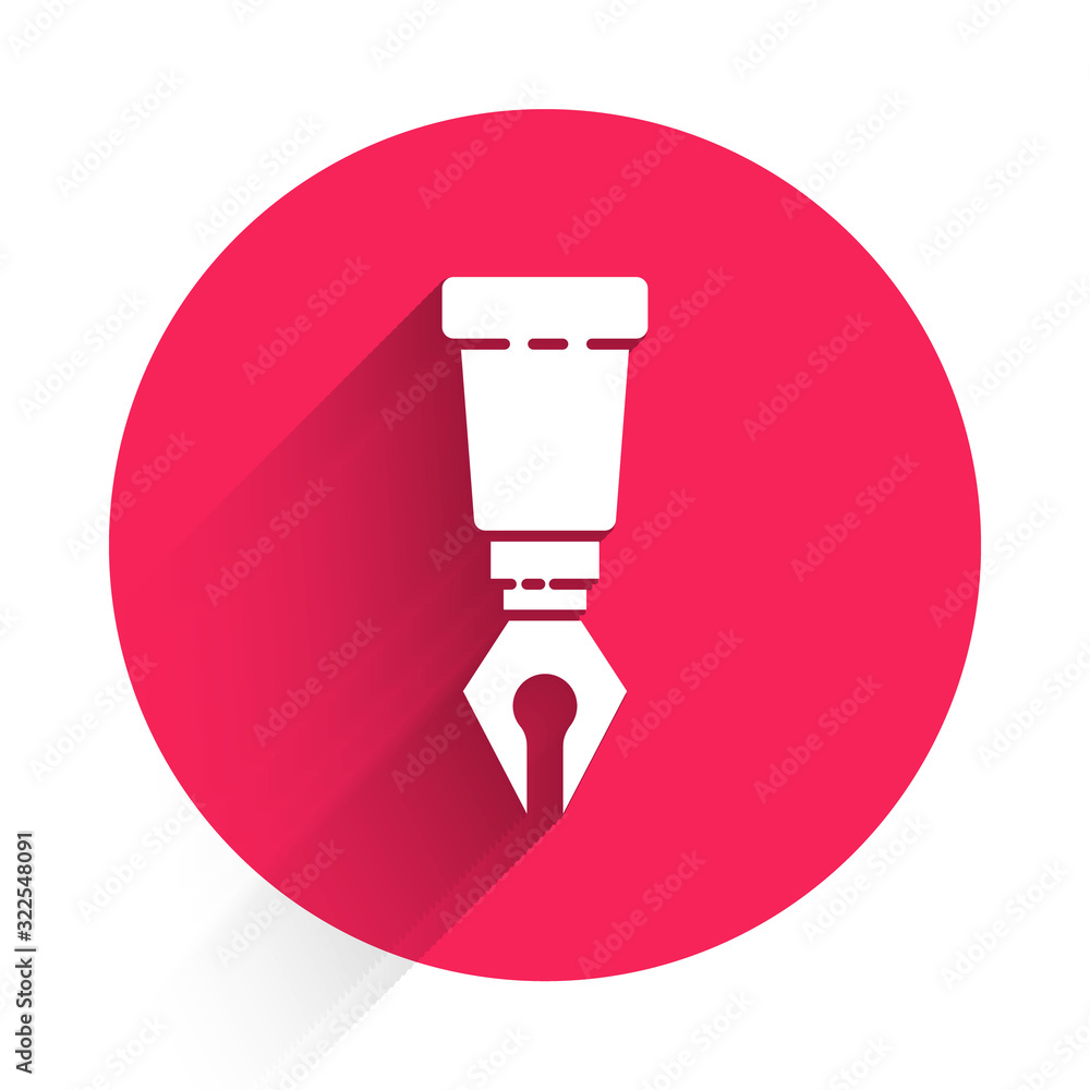 White Fountain pen nib icon isolated with long shadow. Pen tool sign. Red circle button. Vector Illu