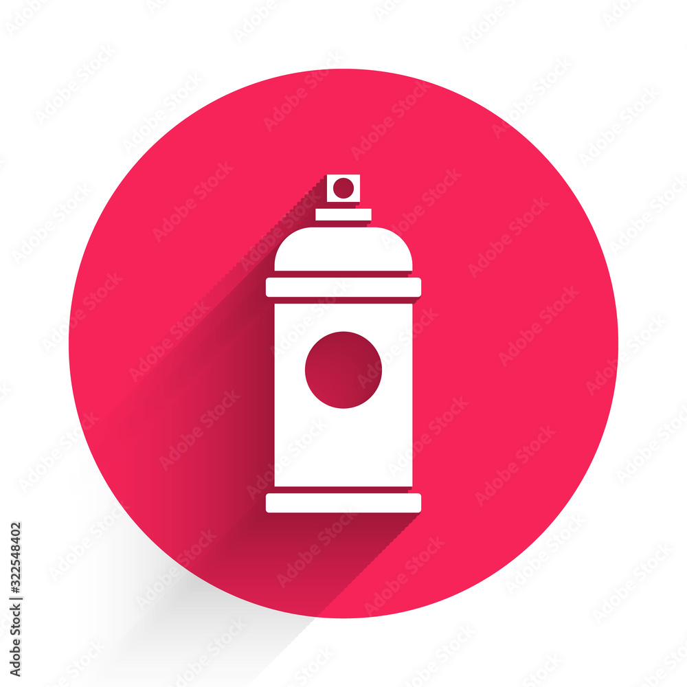 White Paint spray can icon isolated with long shadow. Red circle button. Vector Illustration