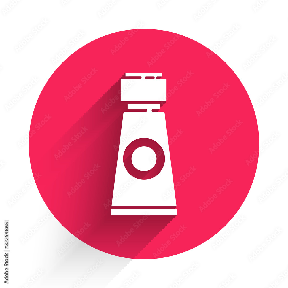 White Tube with paint palette icon isolated with long shadow. Red circle button. Vector Illustration