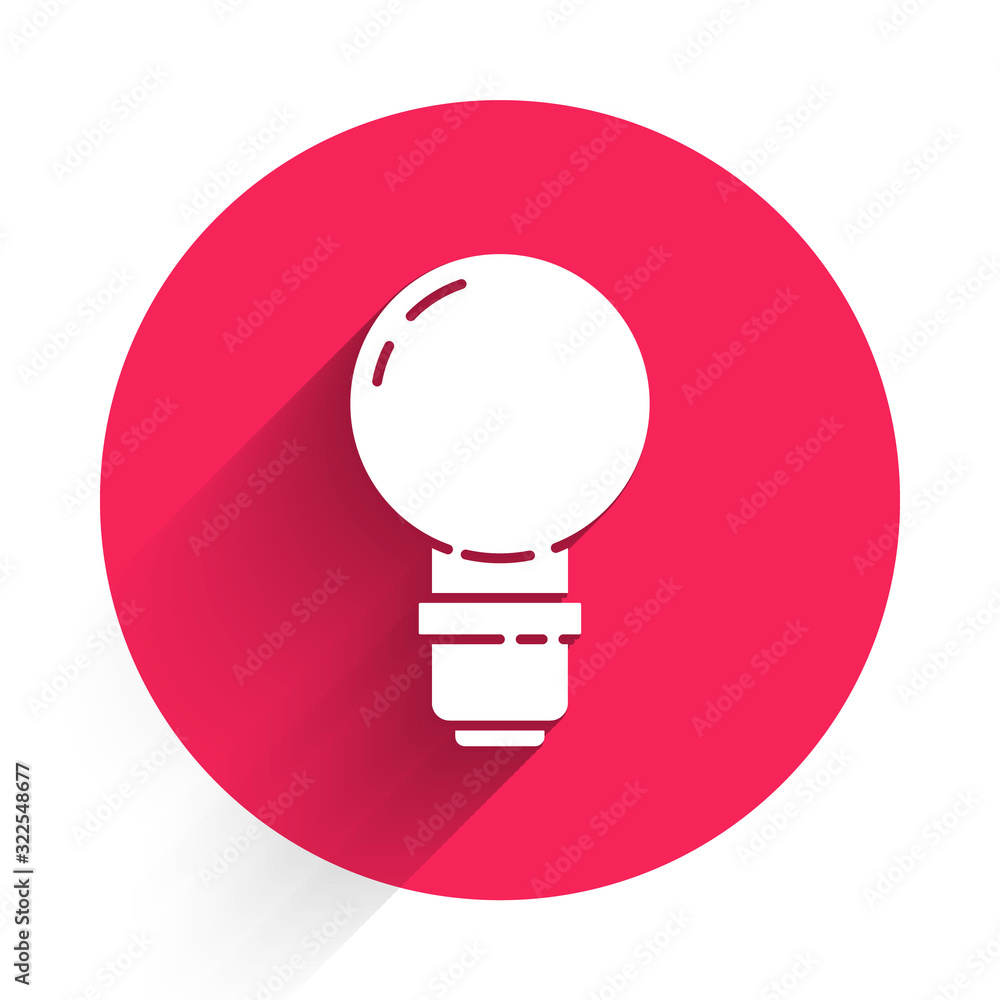 White Light bulb with concept of idea icon isolated with long shadow. Energy and idea symbol. Inspir