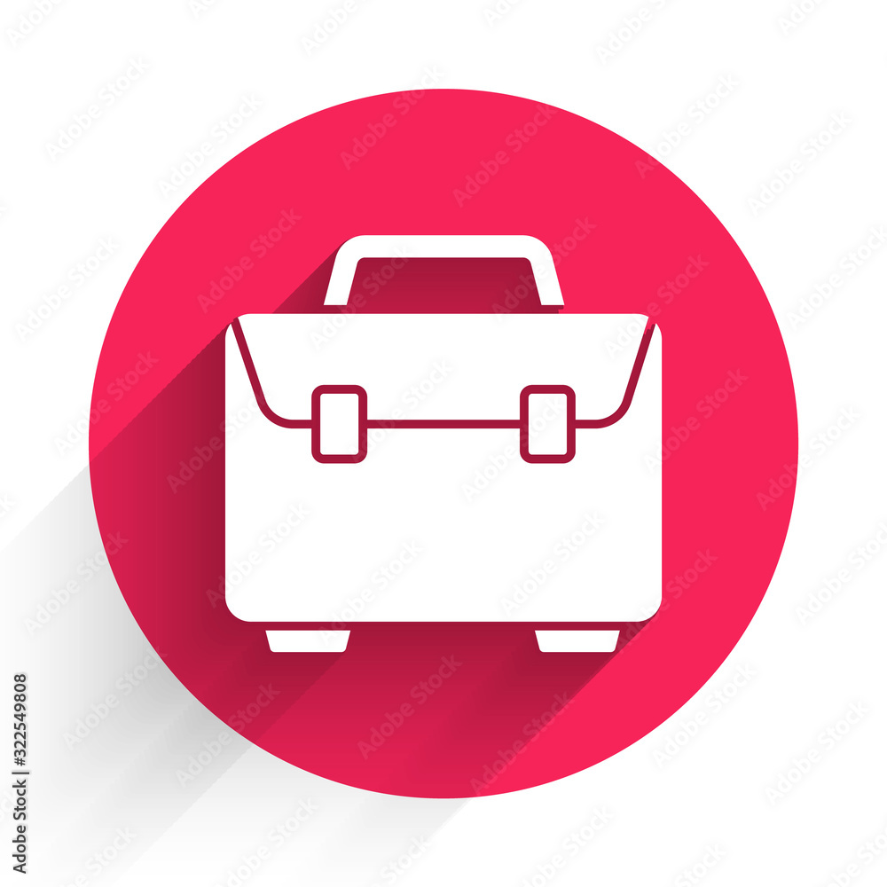 White Briefcase icon isolated with long shadow. Business case sign. Business portfolio. Red circle b