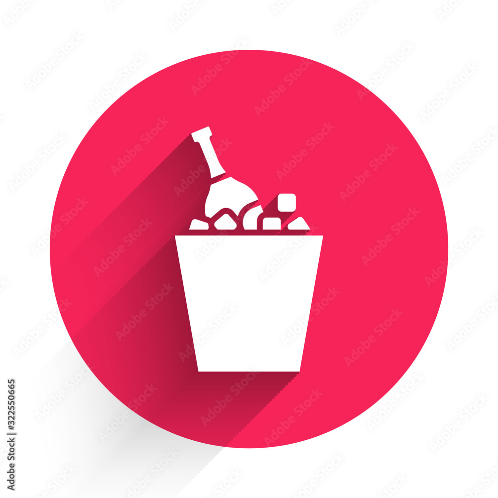 White Bottle of champagne in an ice bucket icon isolated with long shadow. Red circle button. Vector