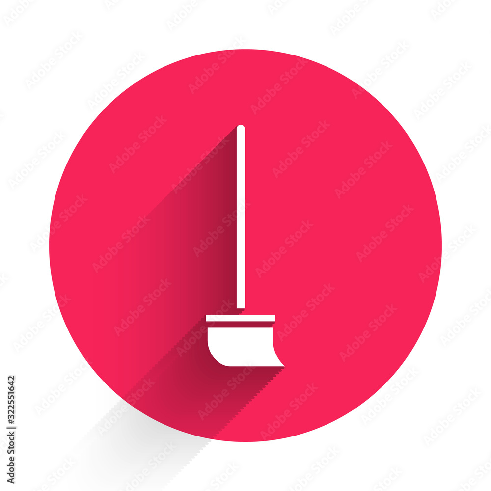 White Mop icon isolated with long shadow. Cleaning service concept. Red circle button. Vector Illust