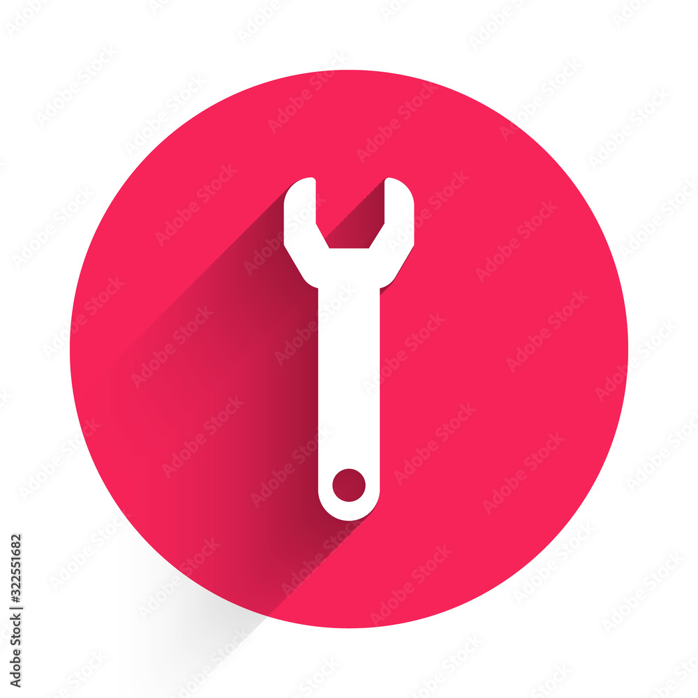 White Wrench spanner icon isolated with long shadow. Red circle button. Vector Illustration