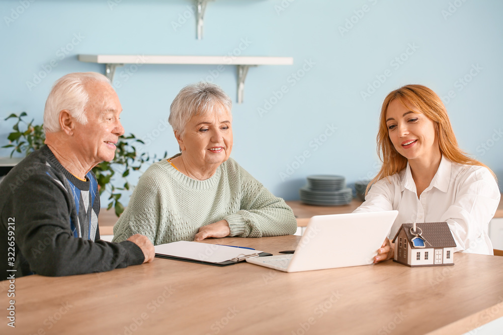 Female real estate agent working with senior couple indoors