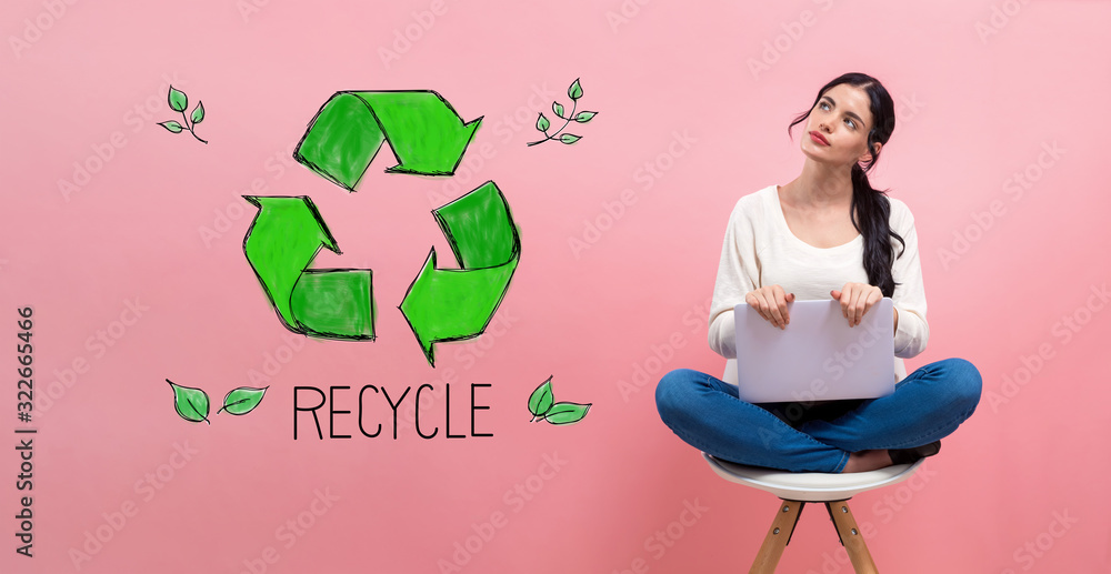 Recycle with young woman using a laptop computer