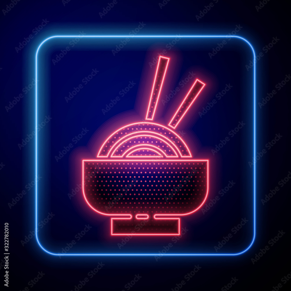 Glowing neon Asian noodles in bowl and chopsticks icon isolated on blue background. Street fast food