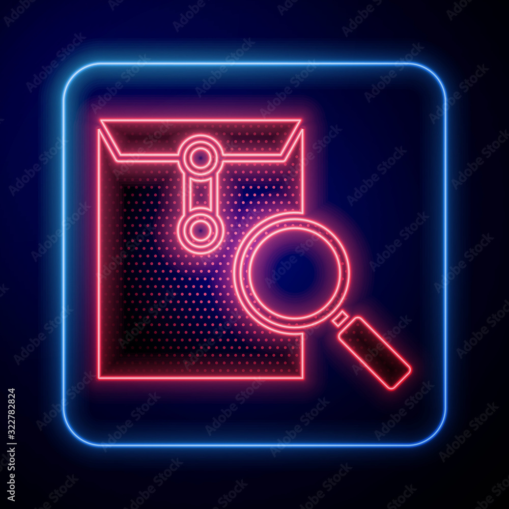 Glowing neon Envelope mail with magnifying glass icon isolated on blue background.  Vector Illustrat