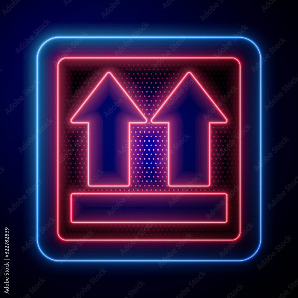 Glowing neon This side up icon isolated on blue background. Two arrows indicating top side of packag