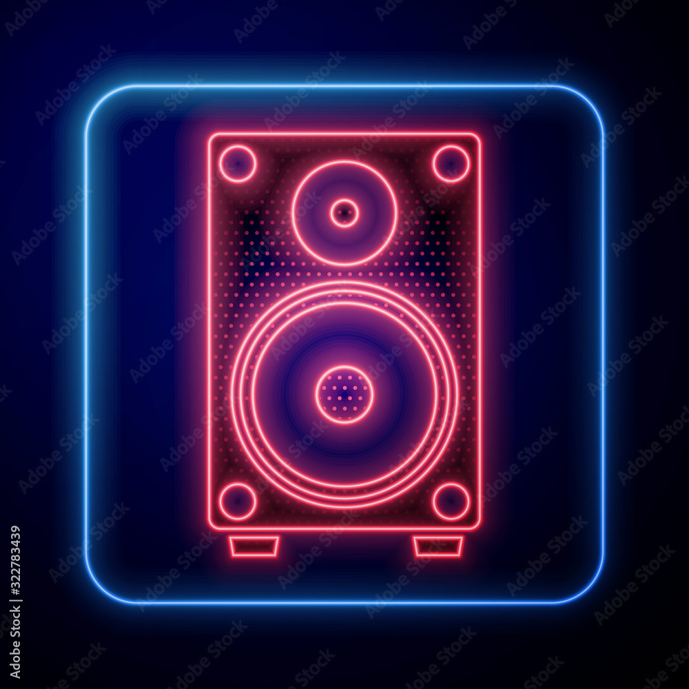 Glowing neon Stereo speaker icon isolated on blue background. Sound system speakers. Music icon. Mus