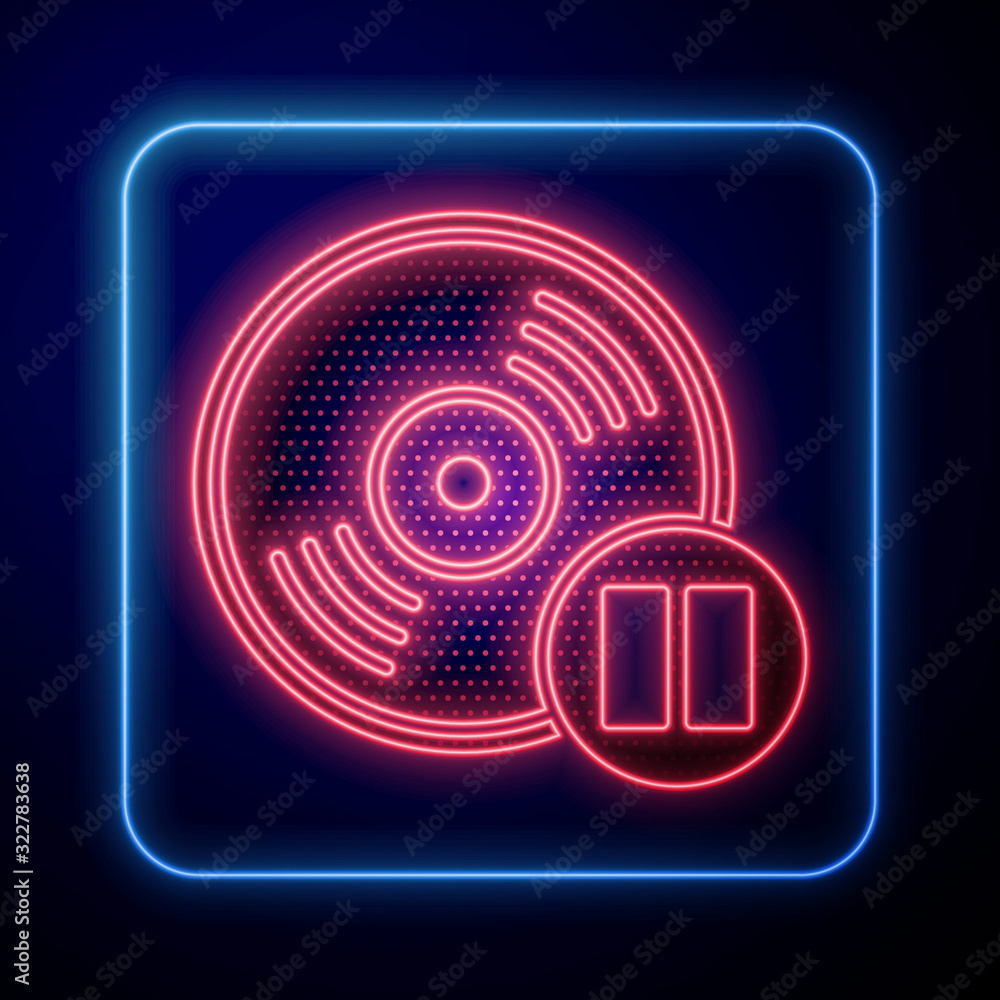 Glowing neon Vinyl disk icon isolated on blue background.  Vector Illustration