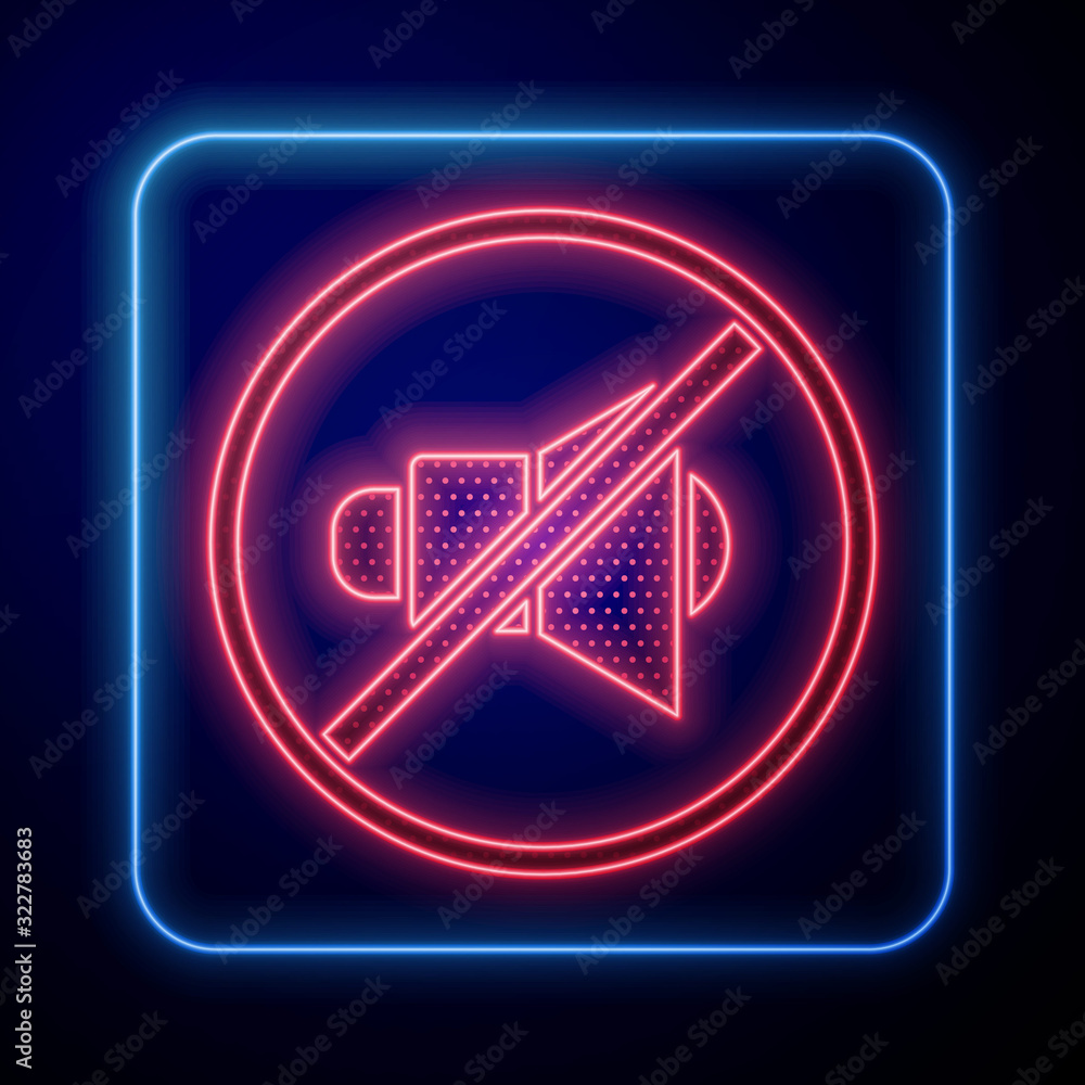 Glowing neon Speaker mute icon isolated on blue background. No sound icon. Volume Off symbol.  Vecto