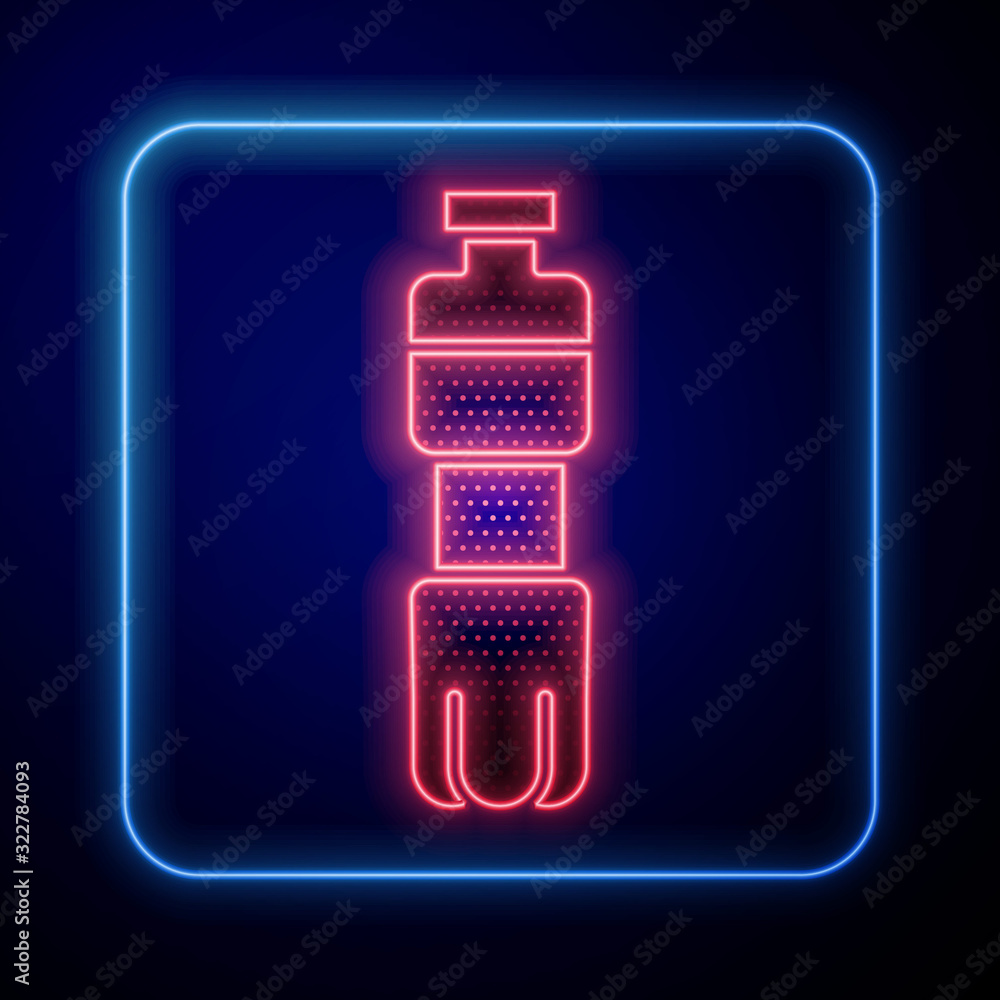 Glowing neon Bottle of water icon isolated on blue background. Soda aqua drink sign.  Vector Illustr