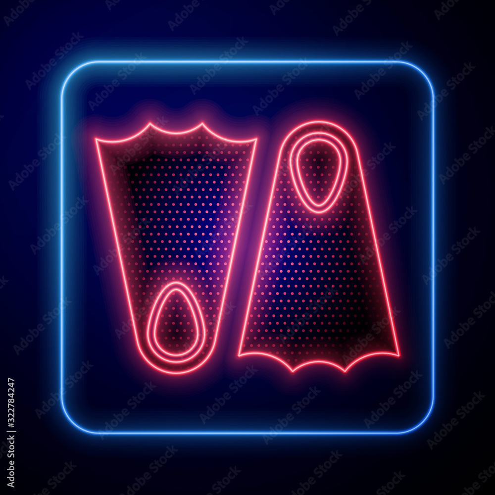 Glowing neon Rubber flippers for swimming icon isolated on blue background. Diving equipment. Extrem