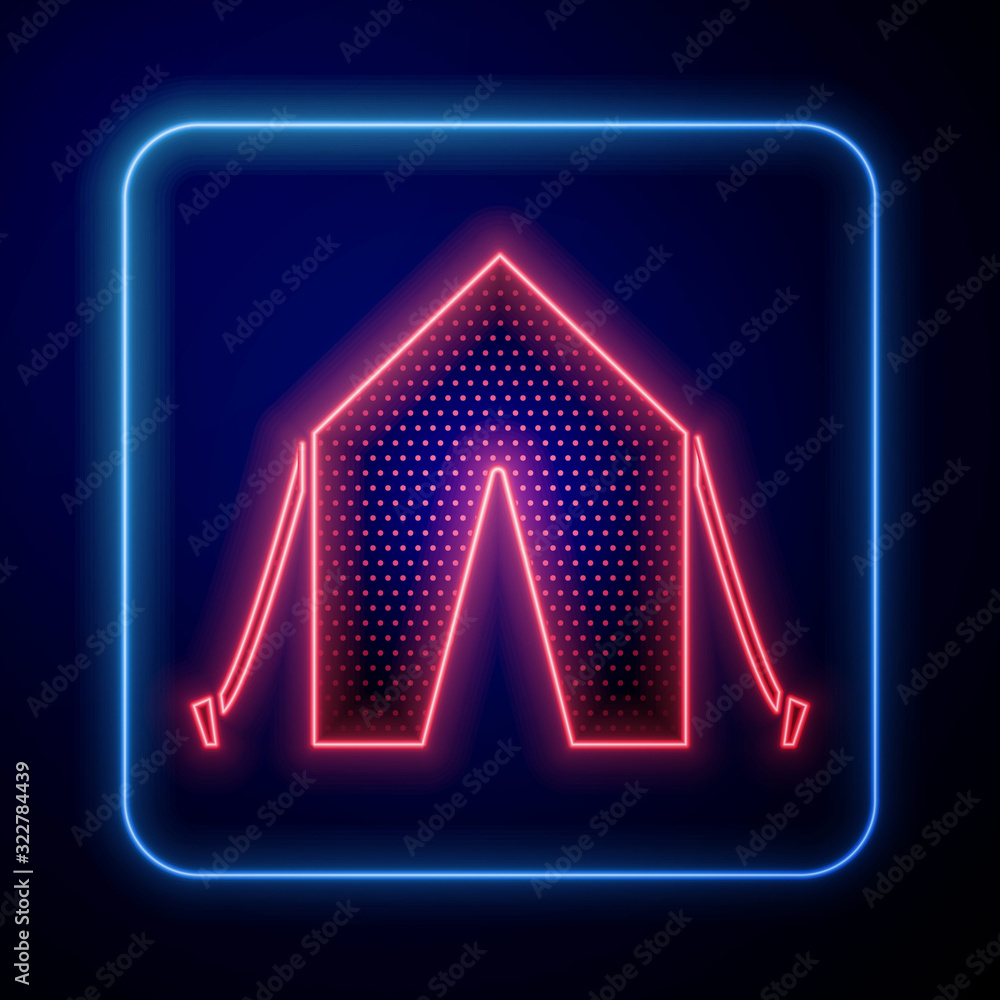 Glowing neon Tourist tent icon isolated on blue background. Camping symbol.  Vector Illustration