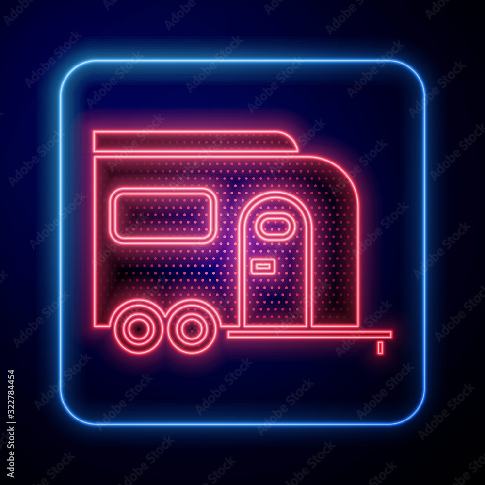 Glowing neon Rv Camping trailer icon isolated on blue background. Travel mobile home, caravan, home 