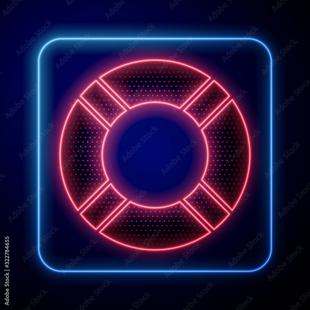 Glowing neon Lifebuoy icon isolated on blue background. Life saving floating lifebuoy for beach, res