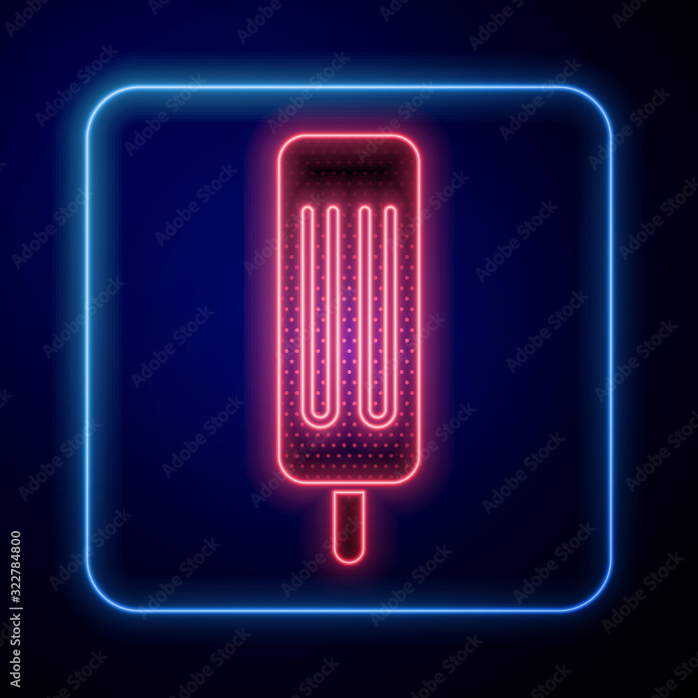 Glowing neon Ice cream icon isolated on blue background. Sweet symbol.  Vector Illustration