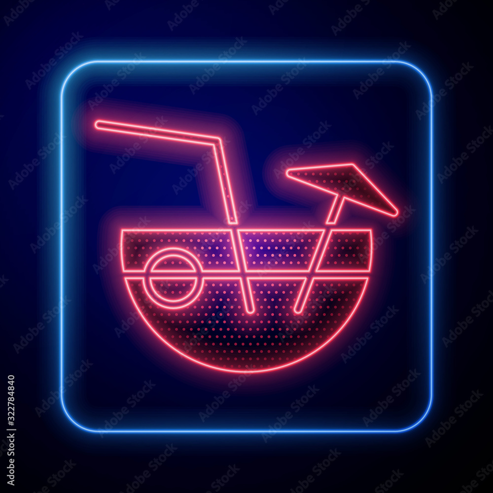 Glowing neon Coconut juice exotic fresh cocktail and umbrella icon isolated on blue background.  Vec