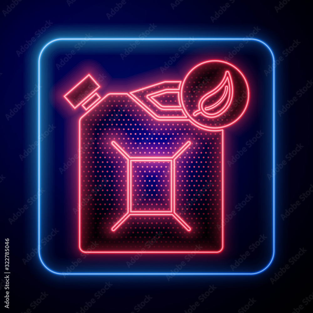 Glowing neon Bio fuel canister icon isolated on blue background. Eco bio and barrel. Green environme