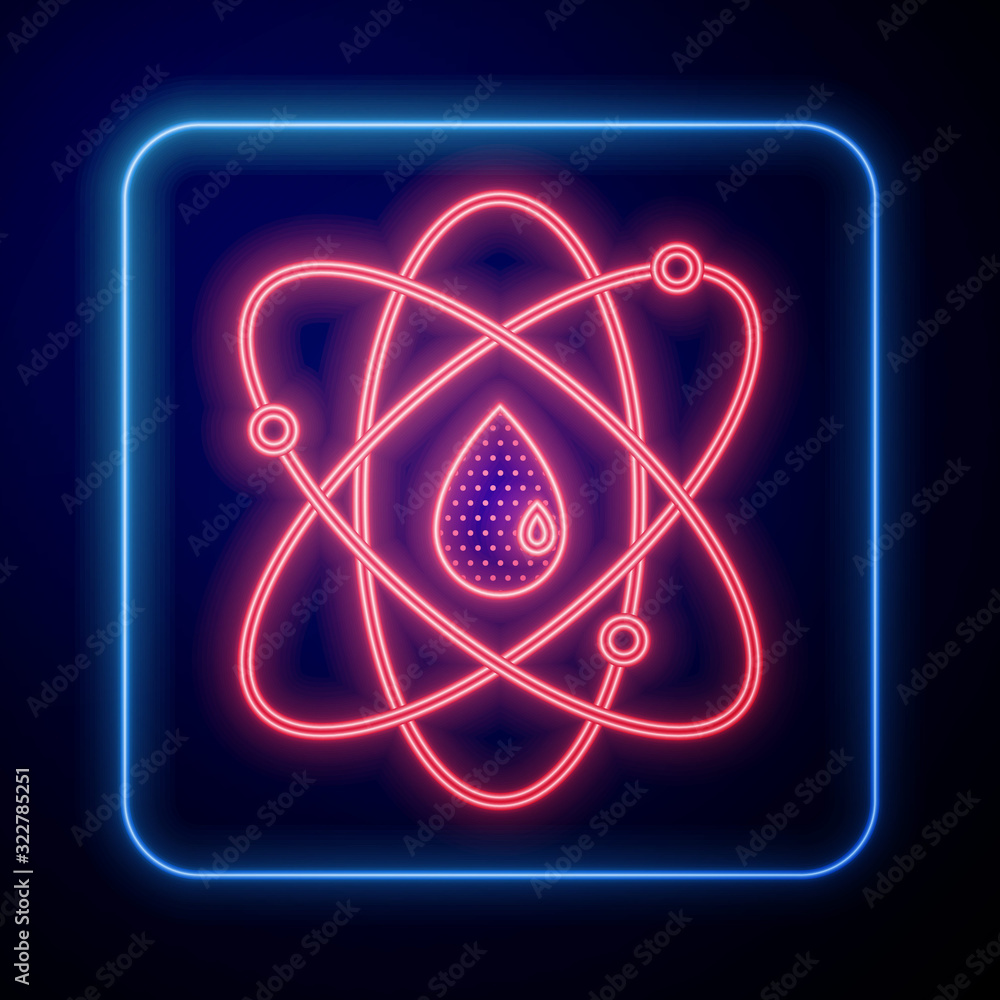 Glowing neon Atom icon isolated on blue background. Symbol of science, education, nuclear physics, s