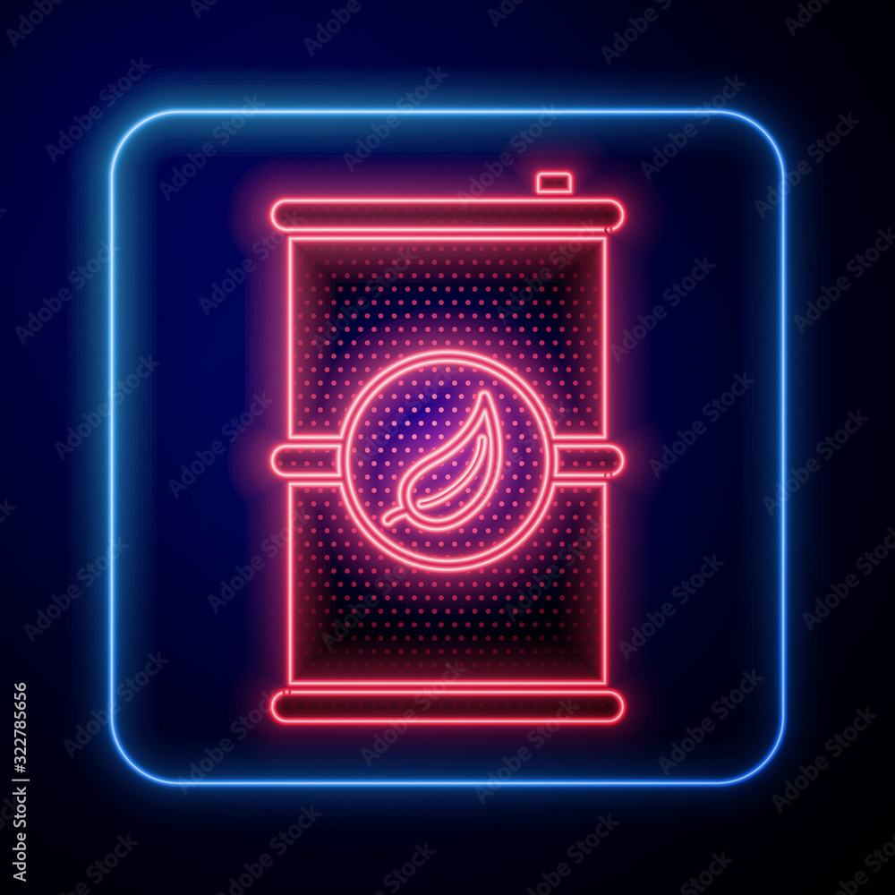 Glowing neon Bio fuel barrel icon isolated on blue background. Eco bio and canister. Green environme