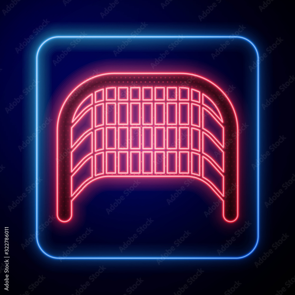 Glowing neon Ice hockey goal with net for goalkeeper icon isolated on blue background.  Vector Illus