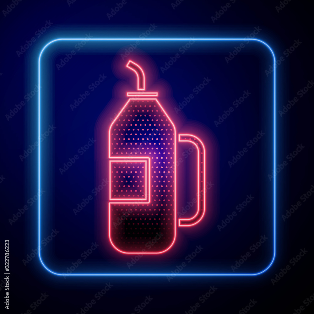 Glowing neon Fitness shaker icon isolated on blue background. Sports shaker bottle with lid for wate