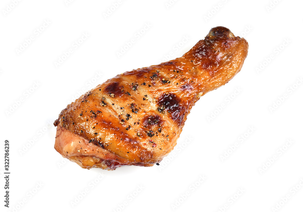 Grilled roasted bbq chicken leg isolated on white background