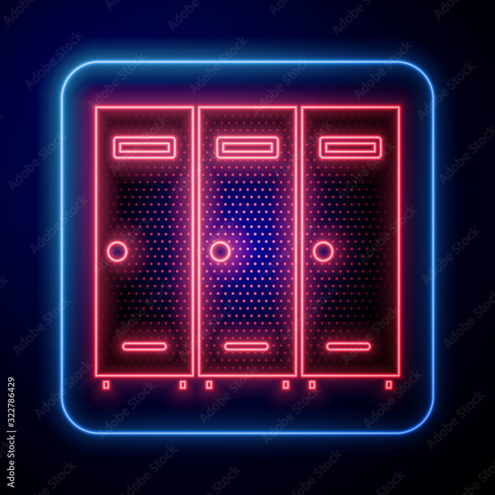 Glowing neon Locker or changing room for hockey, football, basketball team or workers icon isolated 