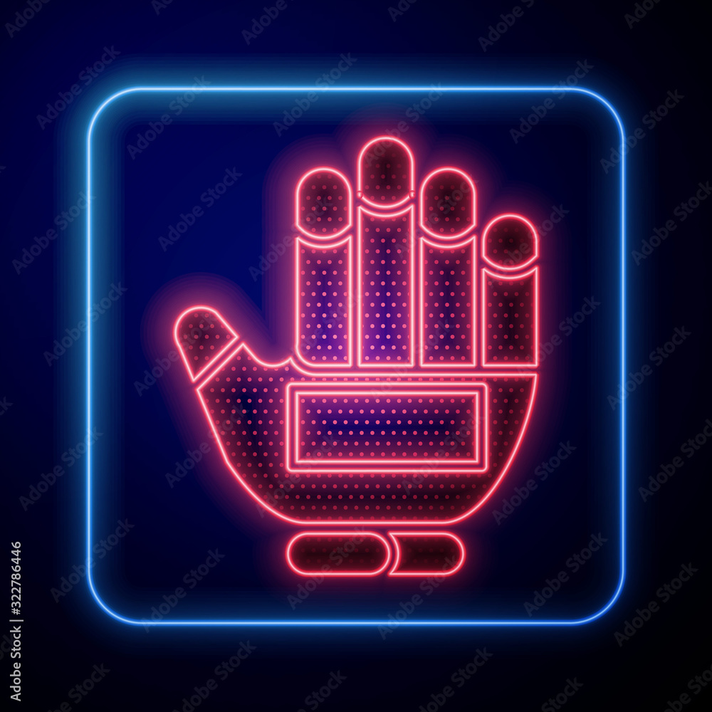 Glowing neon Hockey glove icon isolated on blue background. Sports playing and training protective g