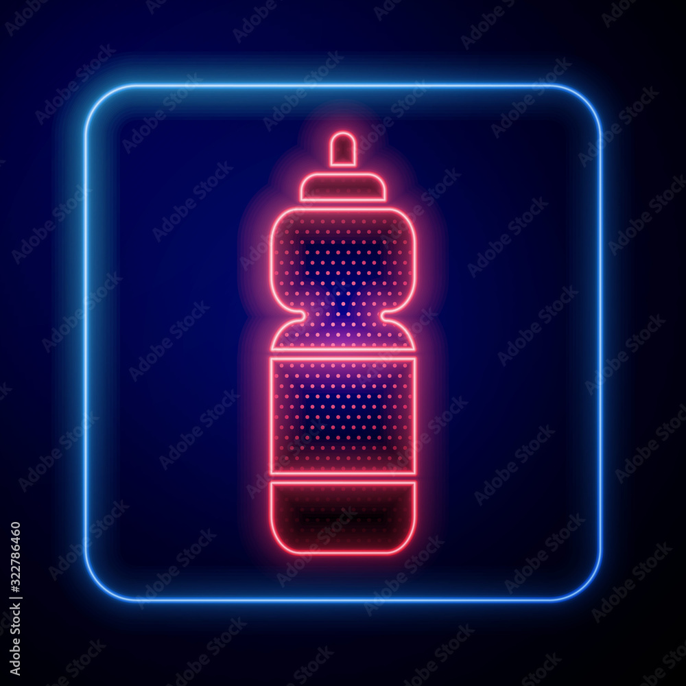 Glowing neon Fitness shaker icon isolated on blue background. Sports shaker bottle with lid for wate