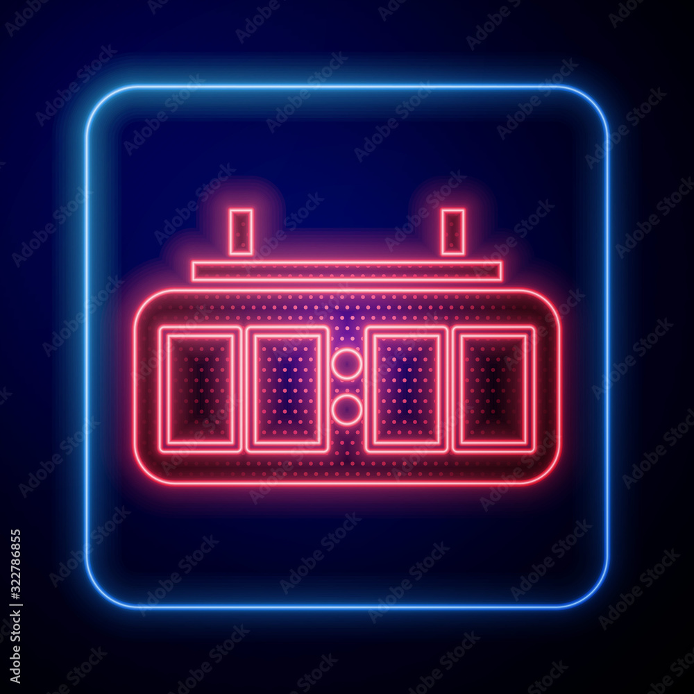 Glowing neon Sport hockey mechanical scoreboard and result display icon isolated on blue background.