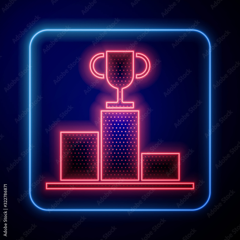 Glowing neon Hockey over sports winner podium icon isolated on blue background.  Vector Illustration