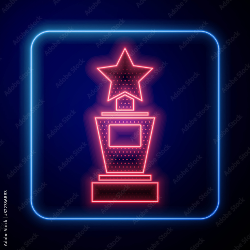 Glowing neon Award cup icon isolated on blue background. Winner trophy symbol. Championship or compe