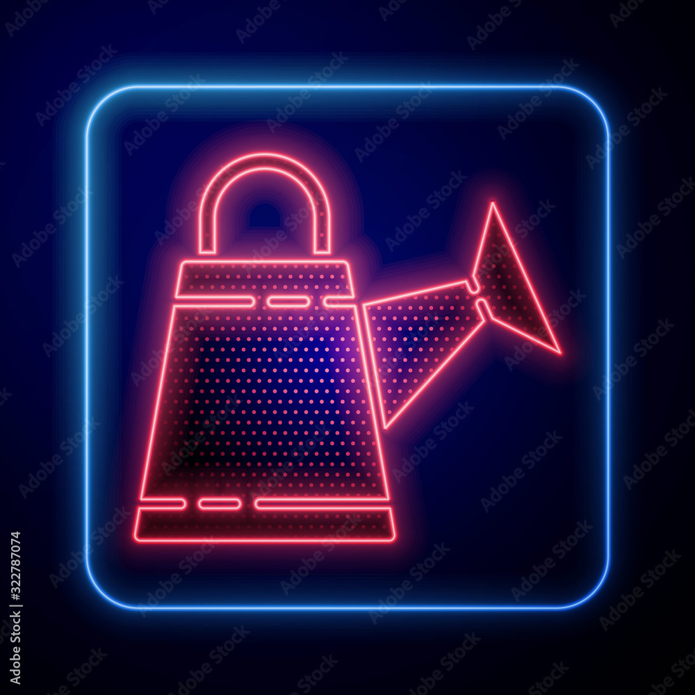 Glowing neon Watering can icon isolated on blue background. Irrigation symbol.  Vector Illustration