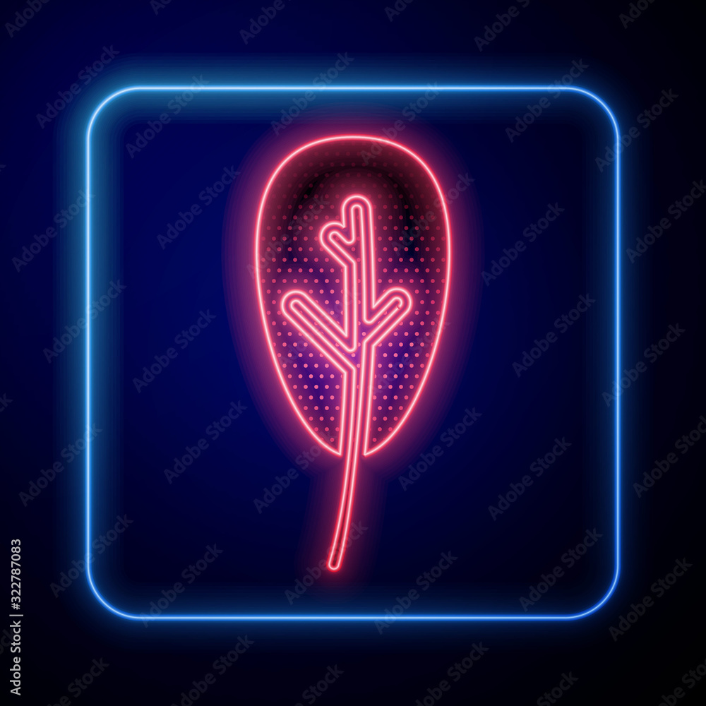 Glowing neon Leaf icon isolated on blue background. Leaves sign. Fresh natural product symbol.  Vect