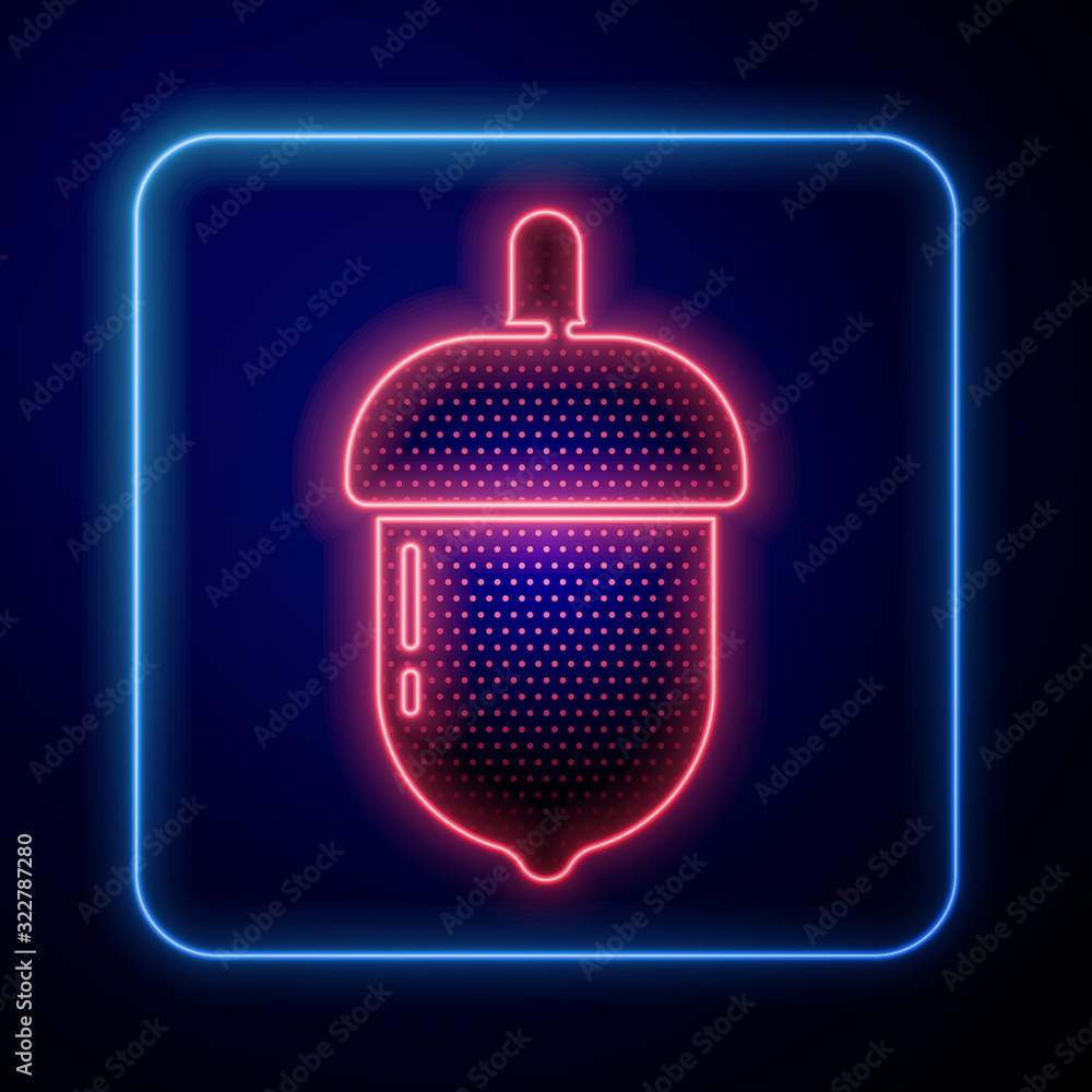 Glowing neon Acorn icon isolated on blue background.  Vector Illustration