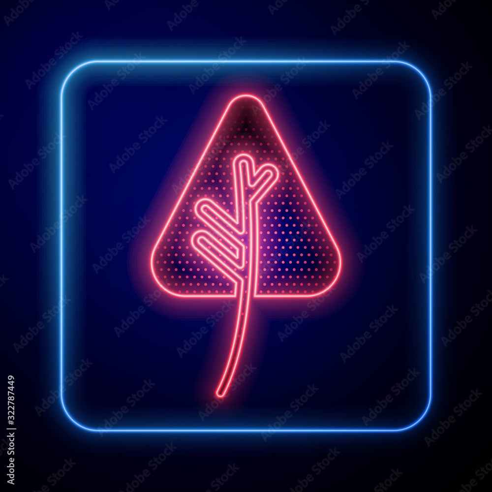 Glowing neon Leaf icon isolated on blue background. Leaves sign. Fresh natural product symbol.  Vect