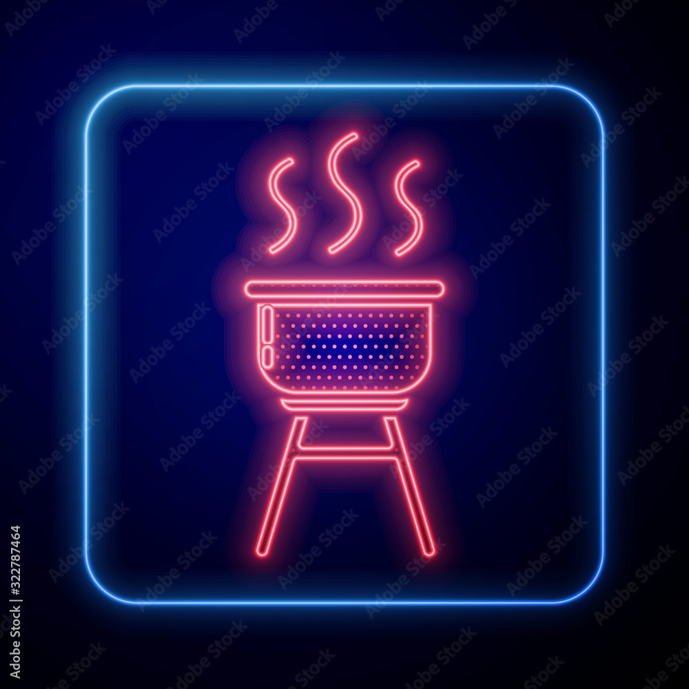 Glowing neon Barbecue grill icon isolated on blue background. BBQ grill party.  Vector Illustration