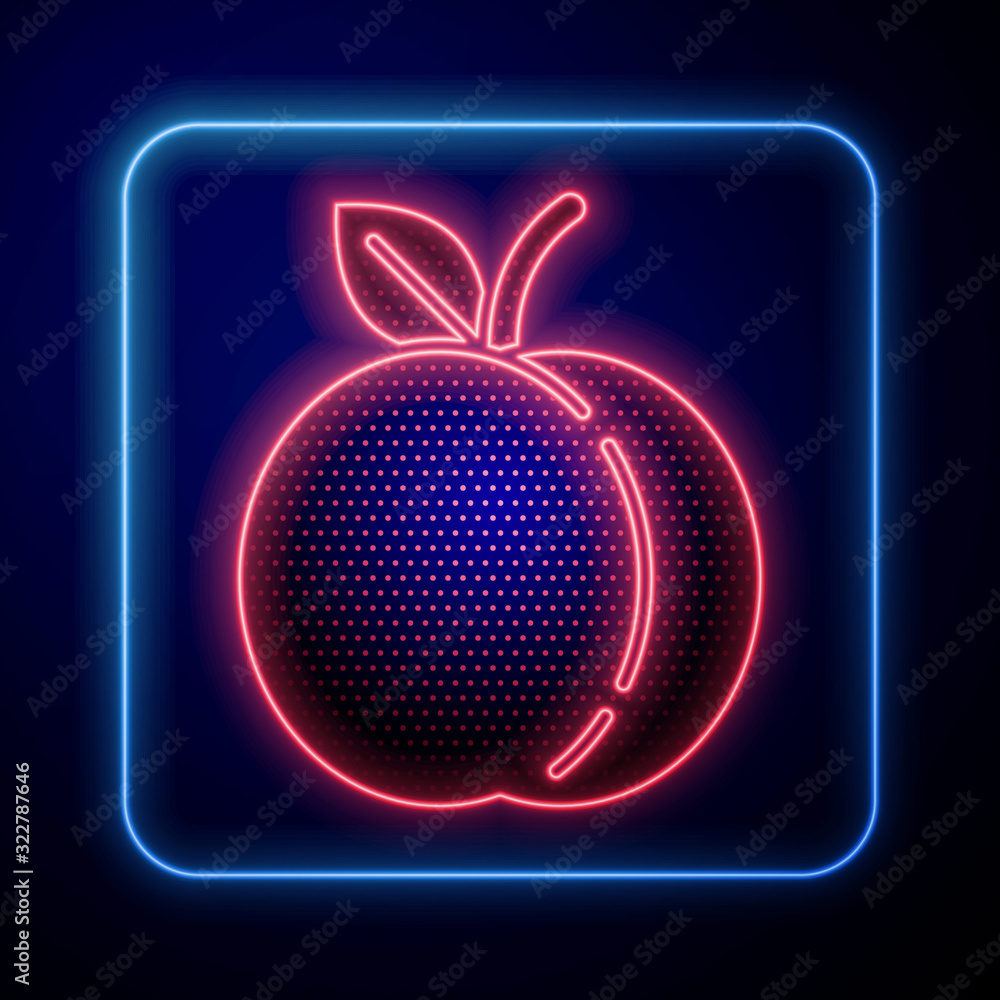 Glowing neon Peach fruit or nectarine with leaf icon isolated on blue background.  Vector Illustrati