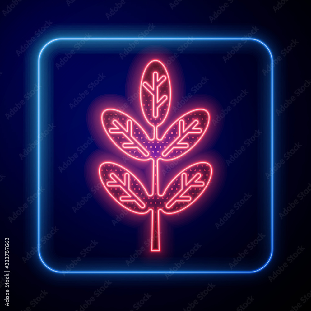 Glowing neon Leaf icon isolated on blue background. Leaves sign. Fresh natural product symbol.  Vect